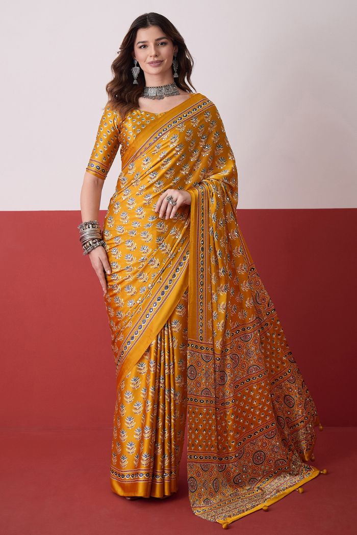 Buy MySilkLove Marigold Yellow Modal Ajrakh Satin Printed Mirror Work Saree Online