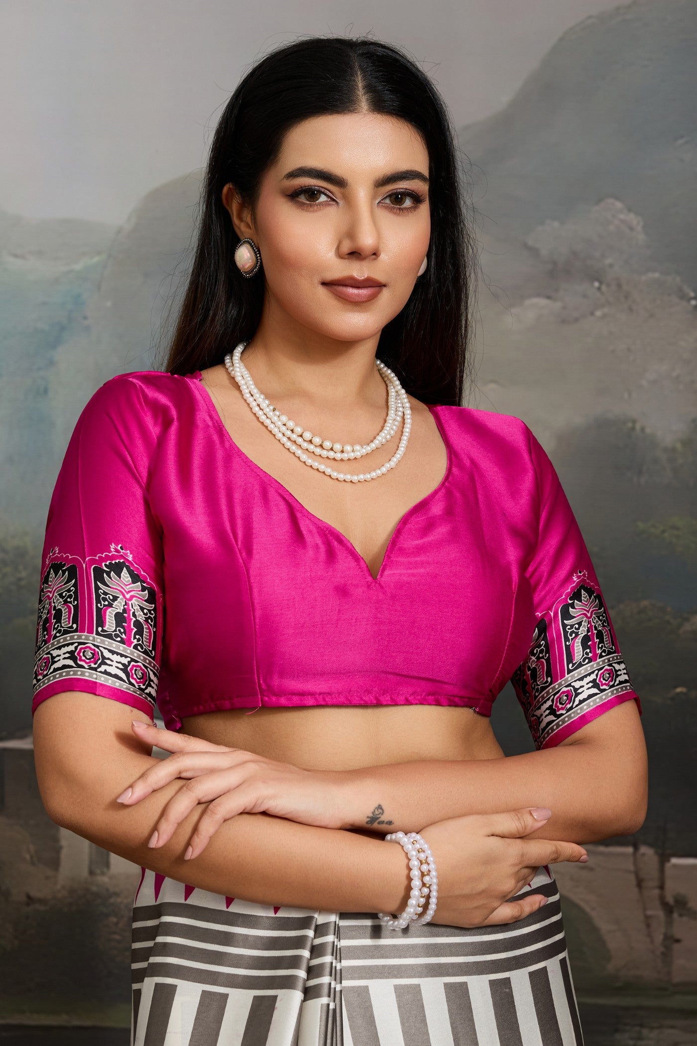 Buy MySilkLove Aster White and Pink Ajrakh Printed Satin Crepe Silk Saree Online