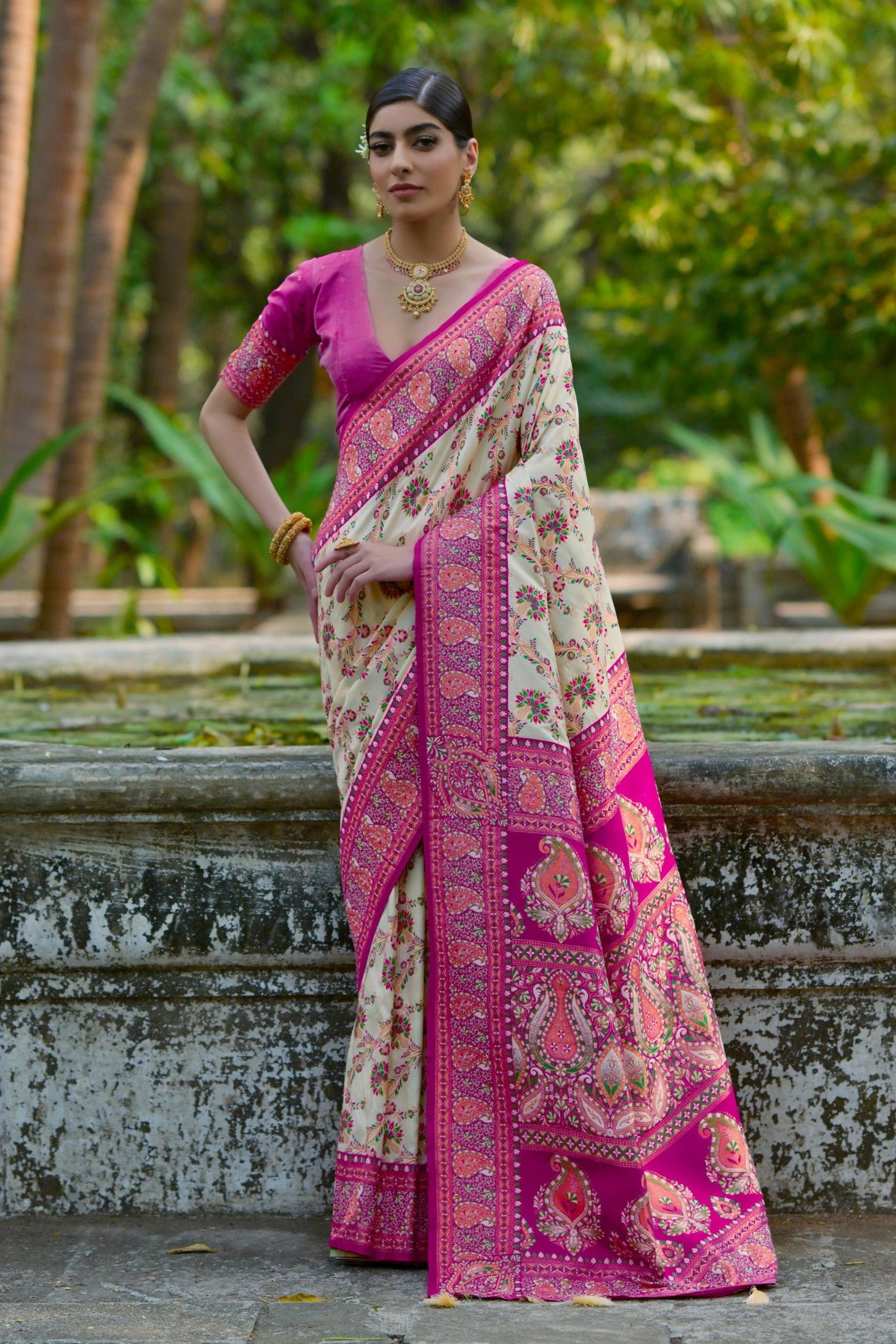 Buy MySilkLove Cashmere Cream Woven Pashmina Silk Saree Online