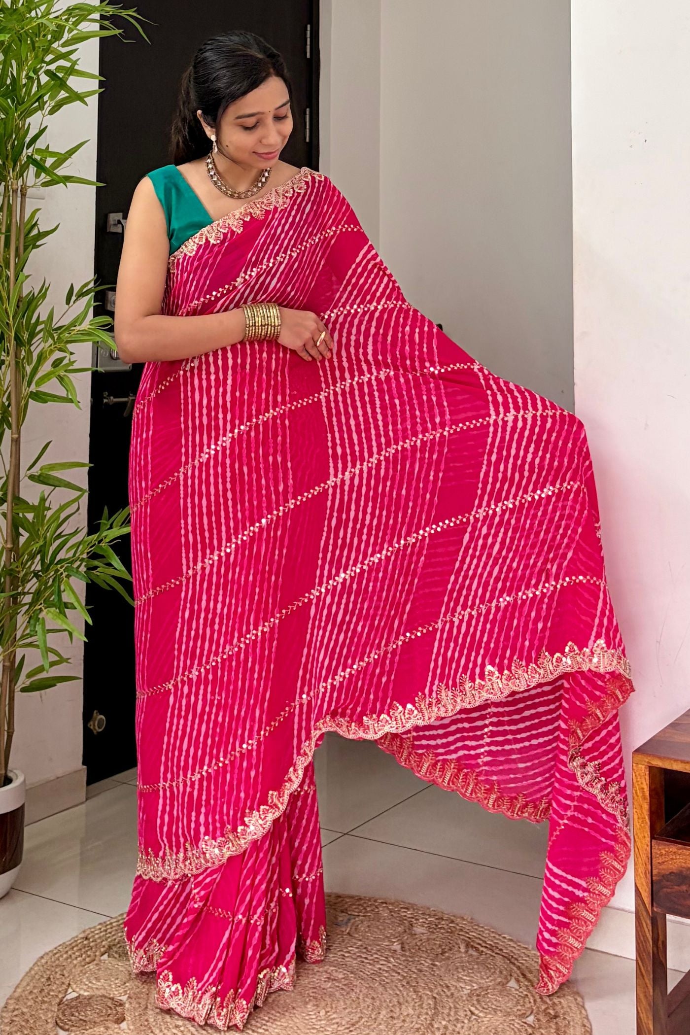 Buy MySilkLove Ruby Pink Designer Bandhani Saree with Designer Handwork Blouse Online