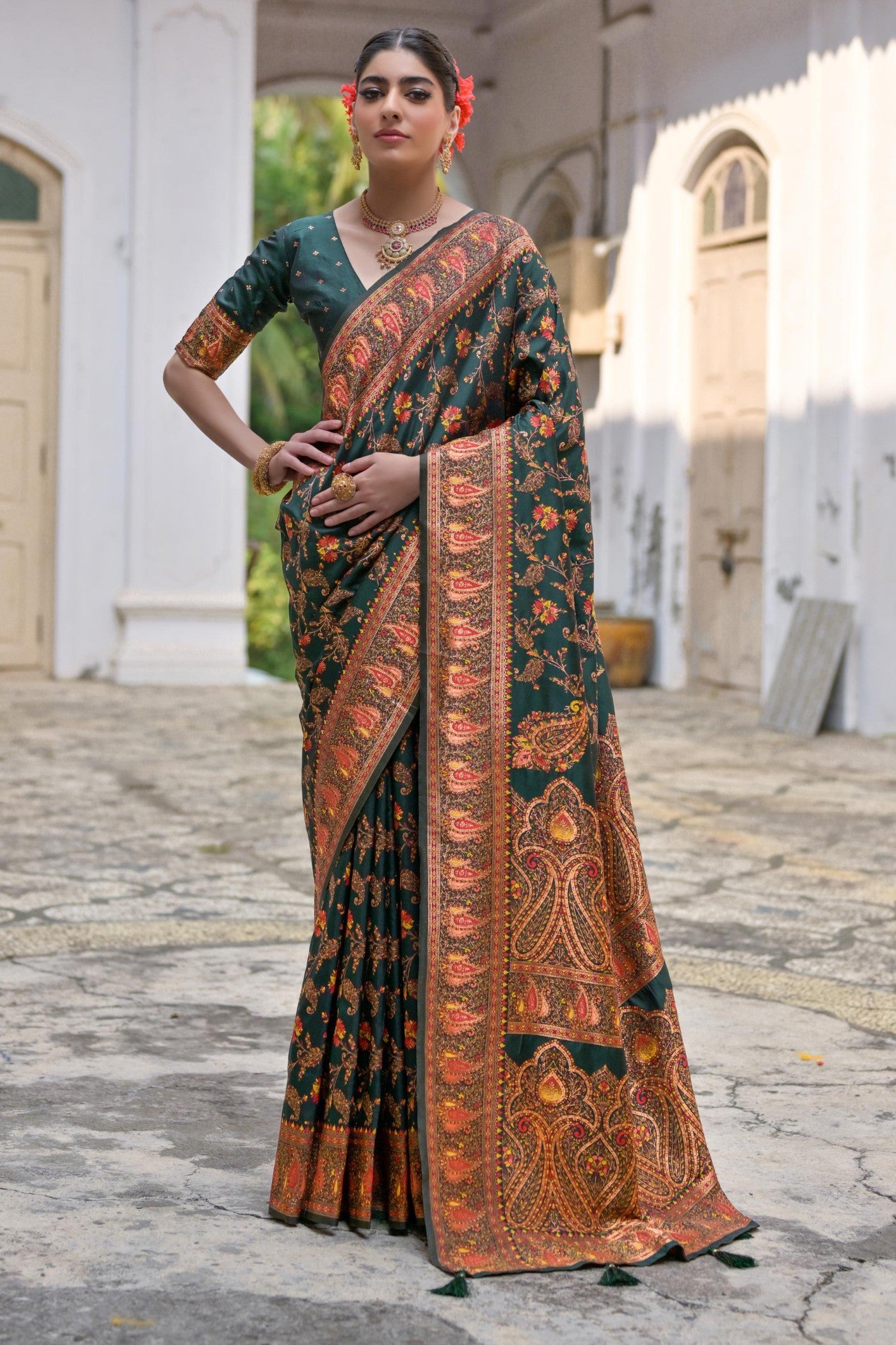 Buy MySilkLove Pine Green Woven Pashmina Silk Saree Online