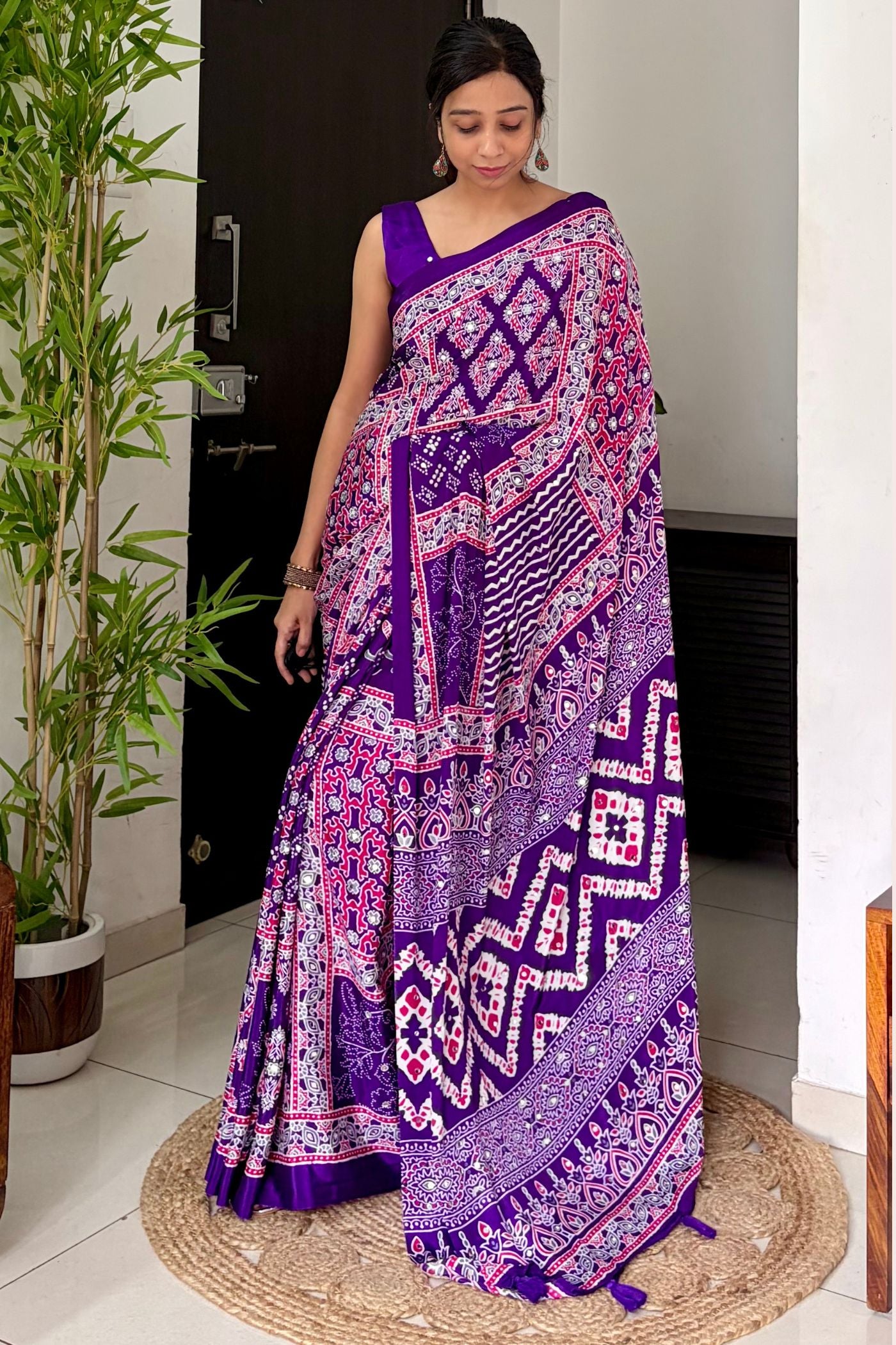 Buy MySilkLove Insolent Purple Ajrakh Satin Printed Mirror Work Saree Online