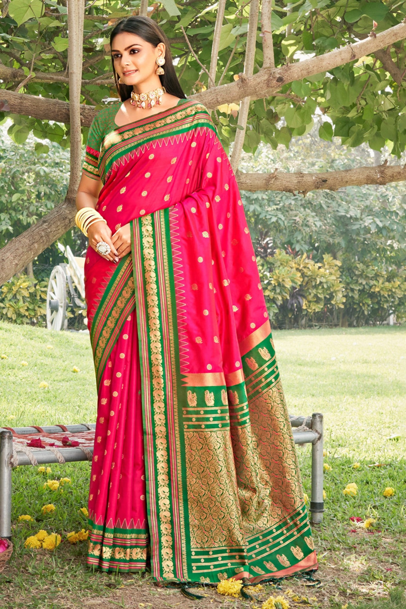 Buy MySilkLove Amaranth Pink Banarasi Woven Soft Silk Saree Online