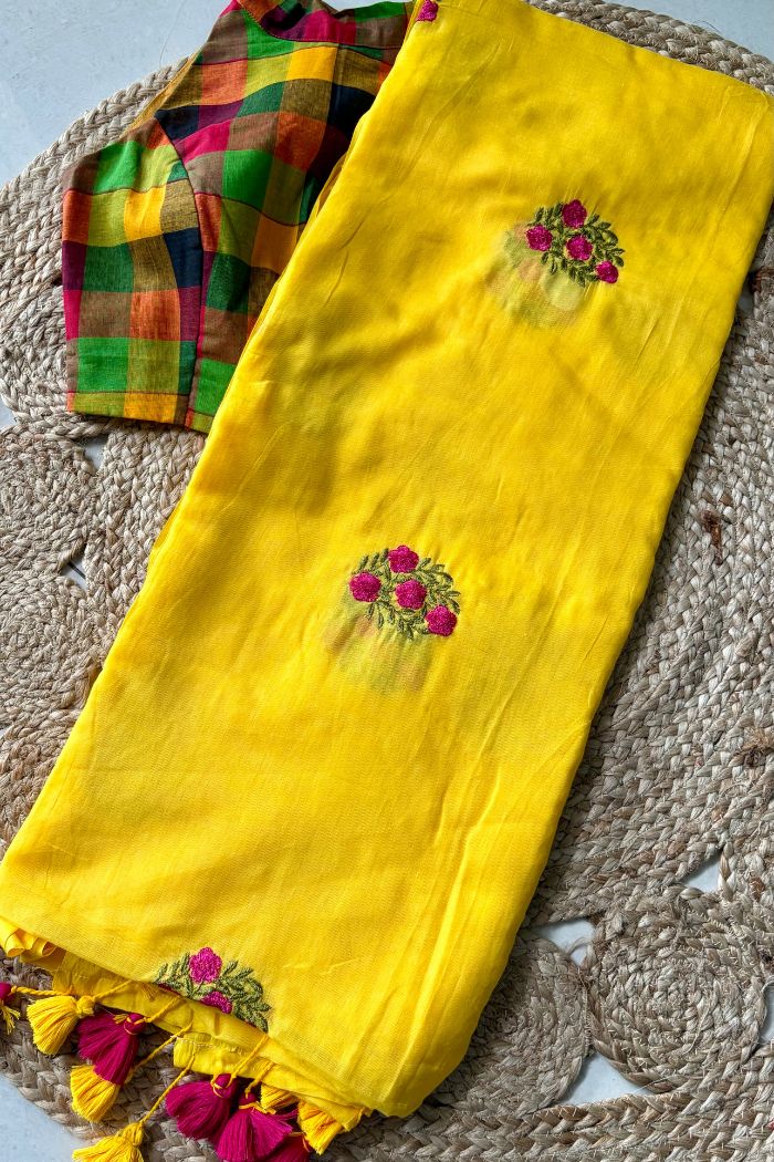 Buy MySilkLove Canary Yellow Mul Mul Cotton Saree Online