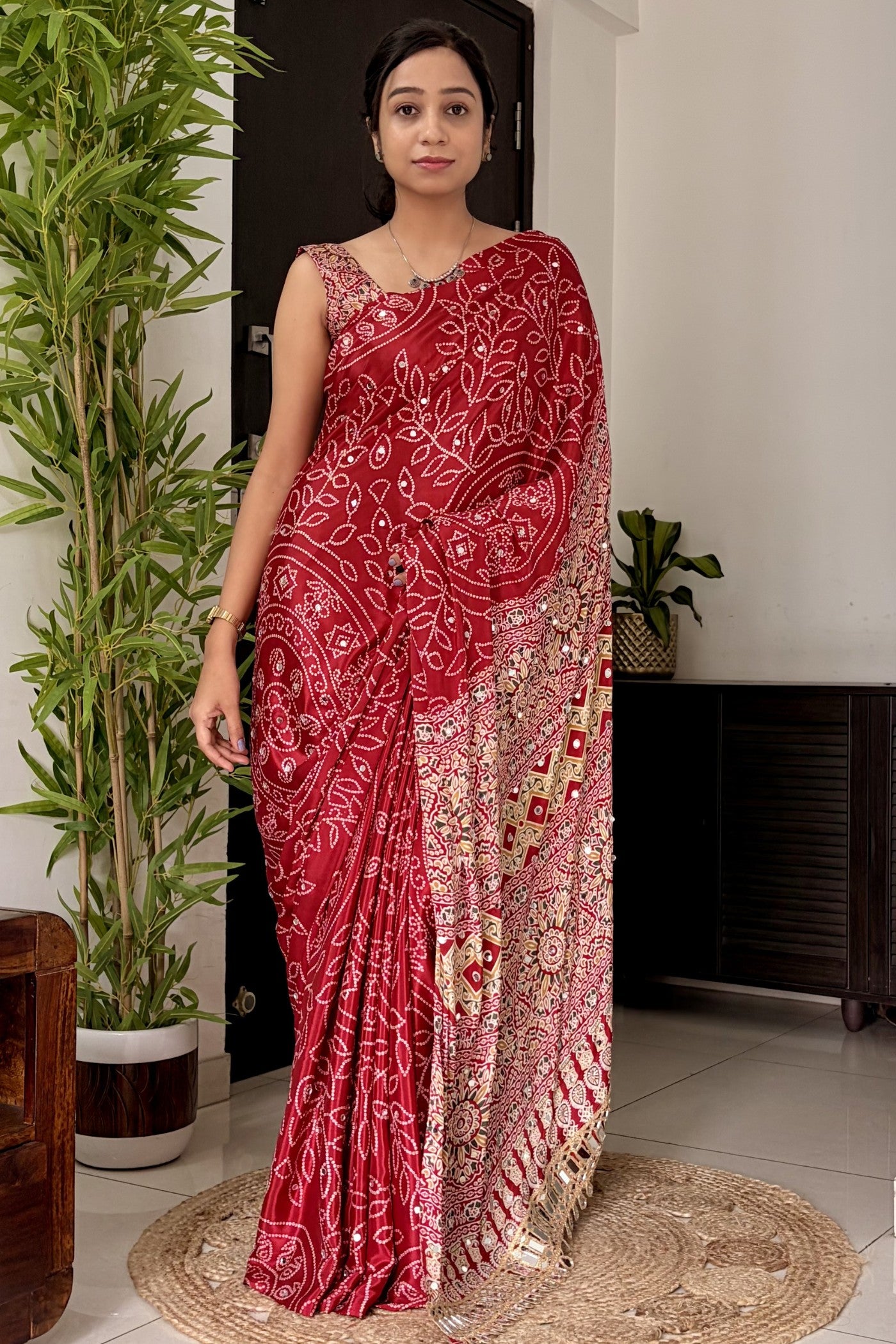Buy MySilkLove Bittersweet Red Modal Ajrakh Satin Printed Mirror Work Saree Online