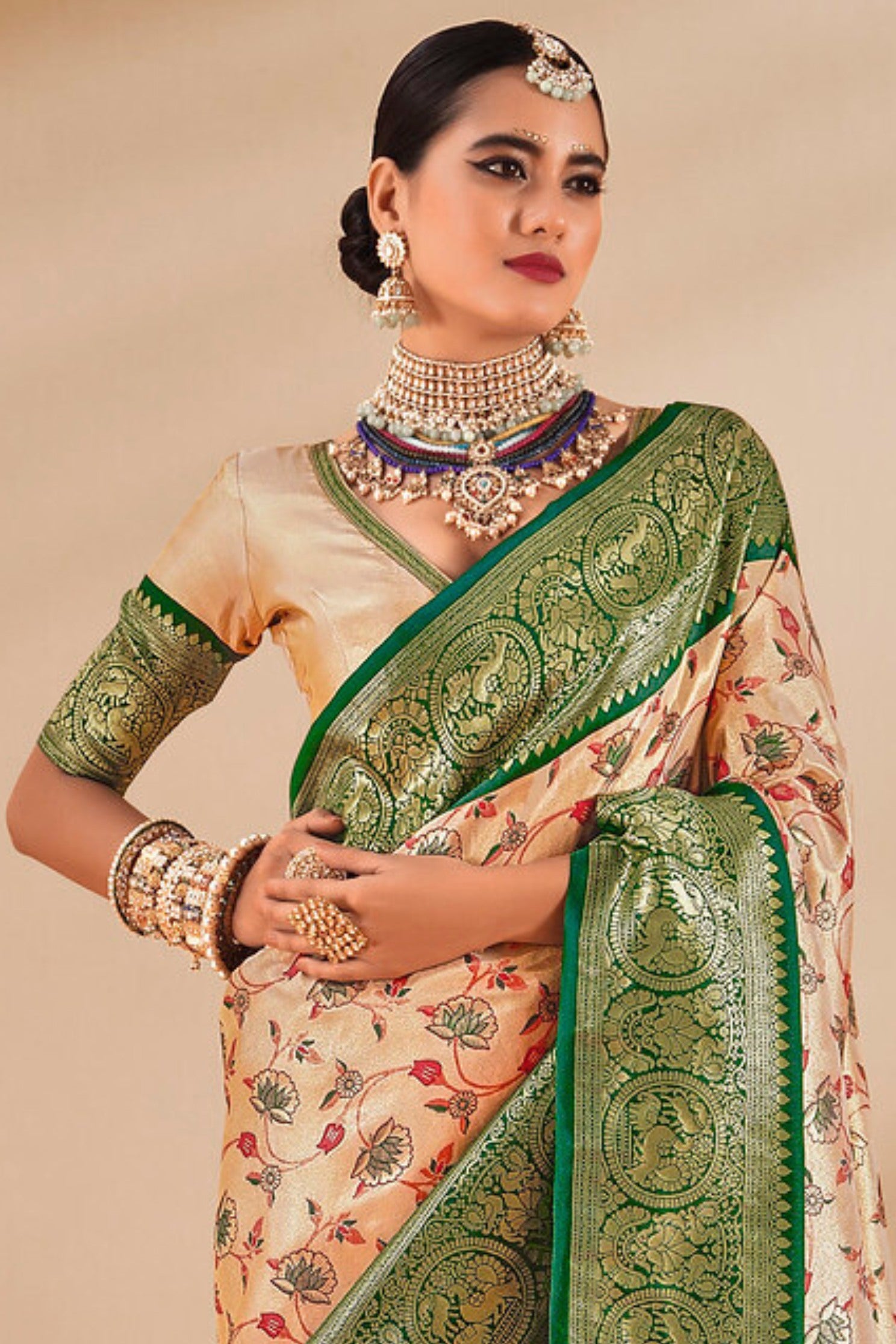 Buy MySilkLove Twine Cream and Green Zari Woven Banarasi Saree Online