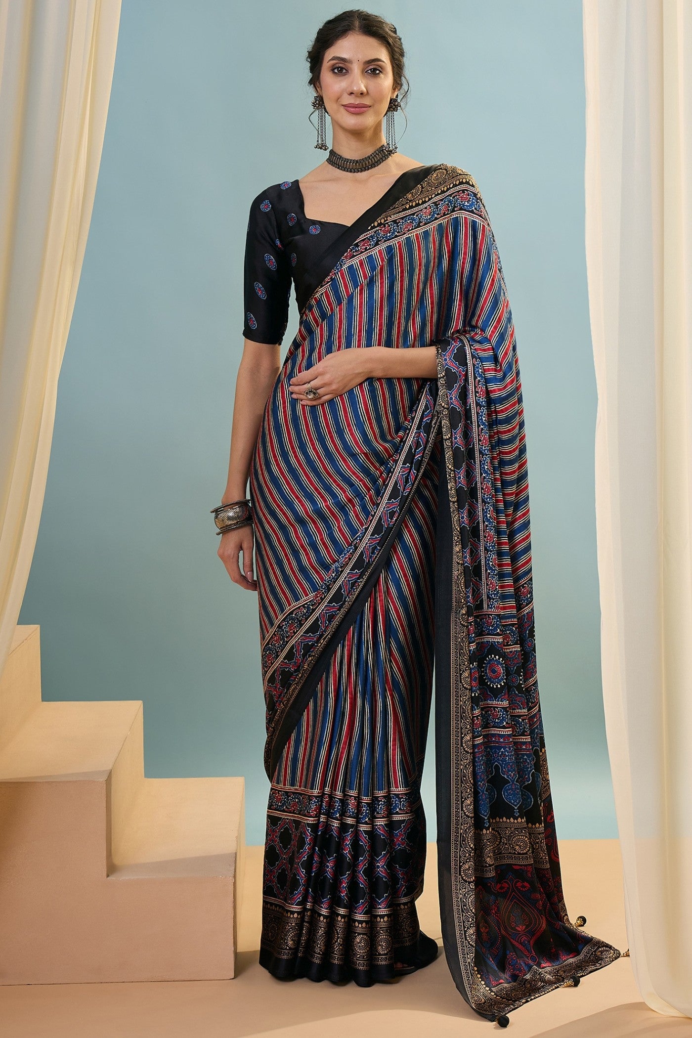 Buy MySilkLove Holo Blue Ajrakh Printed Satin Crepe Silk Saree Online