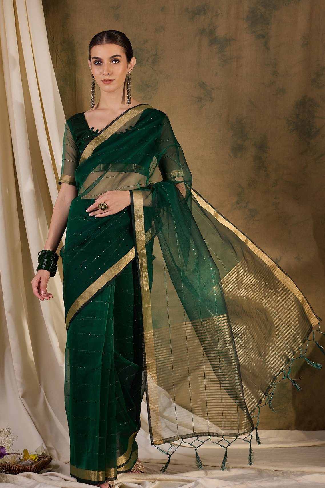 Buy MySilkLove Leaf Green Woven Organza Saree Online