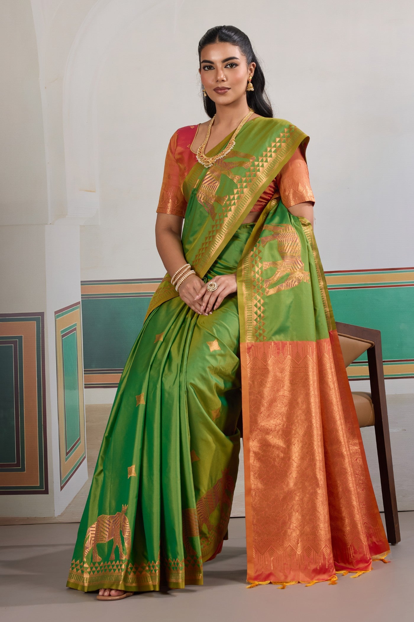 Buy MySilkLove Inchworm Green Banarasi Handloom Saree Online