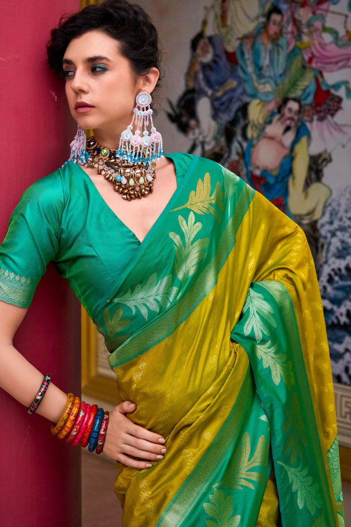 Buy MySilkLove Hot Toddy Yellow and Green Banarasi Soft Silk Saree Online