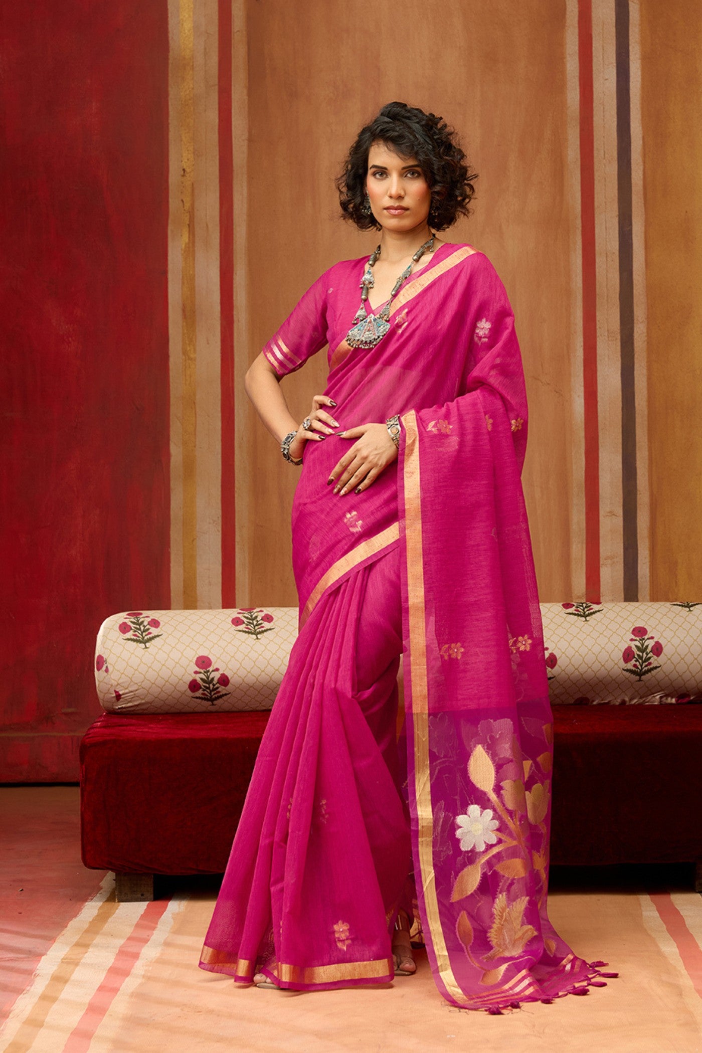 Buy MySilkLove Baby Pink Handloom Munga Cotton Saree Online