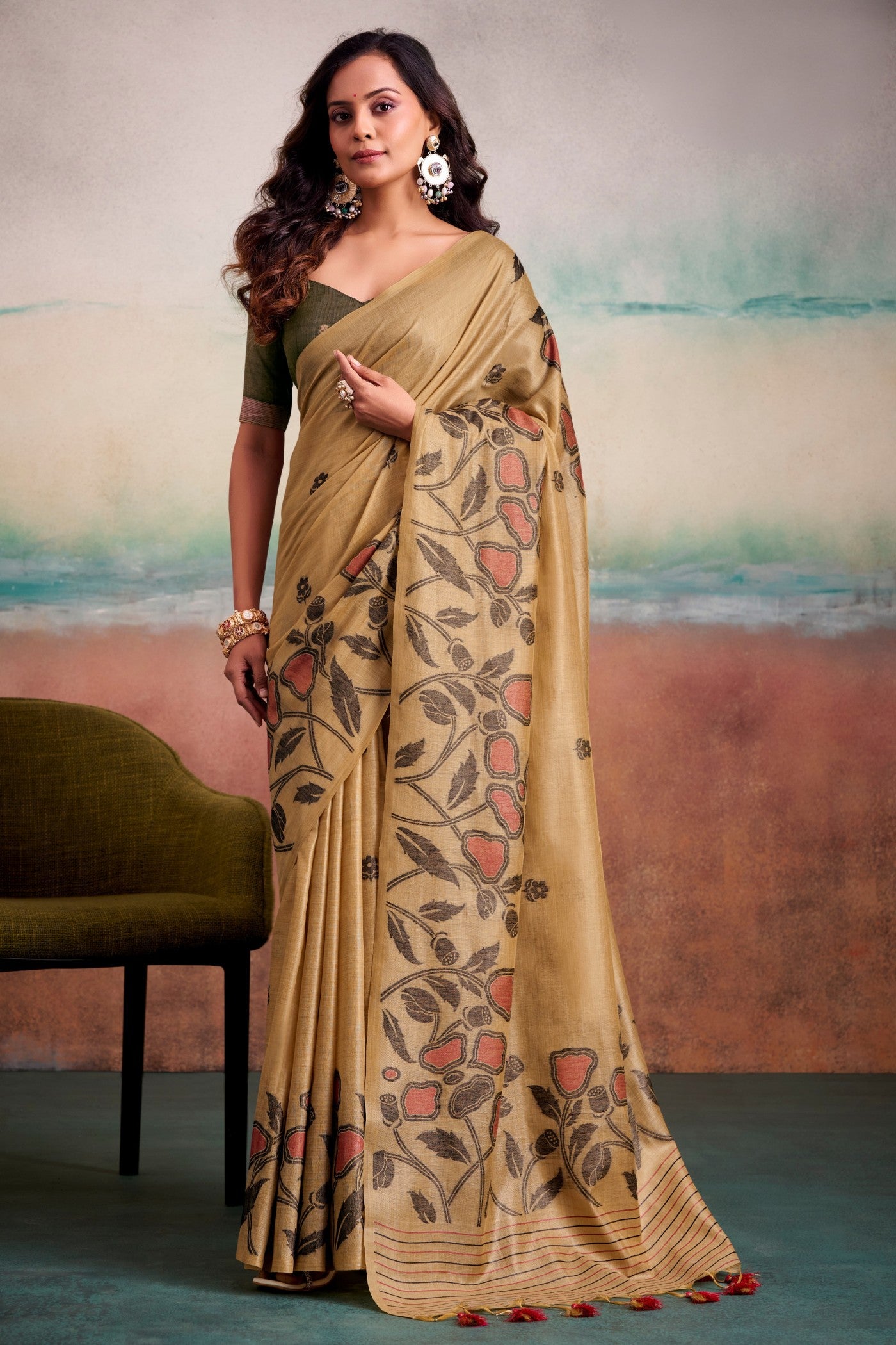 Buy MySilkLove Bistre Cream Handloom Modal Silk Saree Online