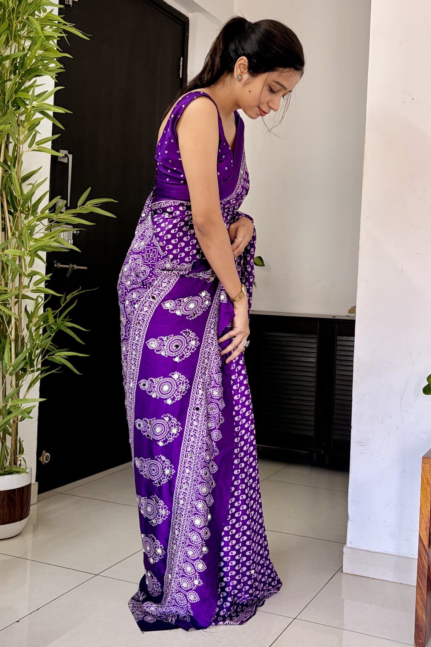 Buy MySilkLove True Purple Modal Ajrakh Satin Printed Mirror Work Saree Online