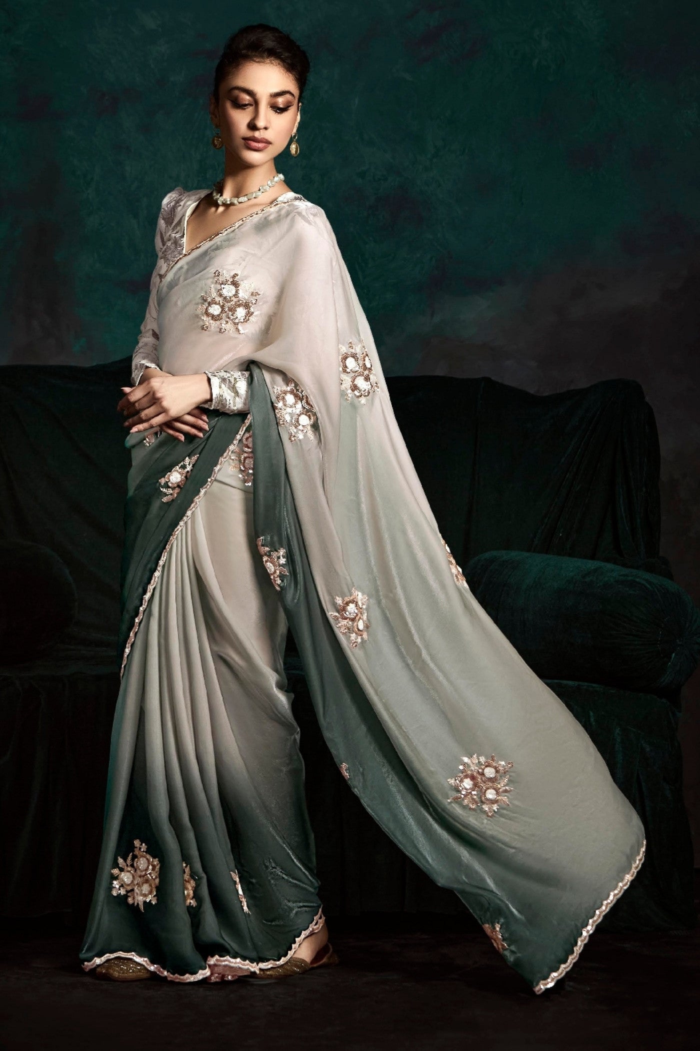 Buy MySilkLove Lead Grey Embroidered Tissue Designer Saree Online