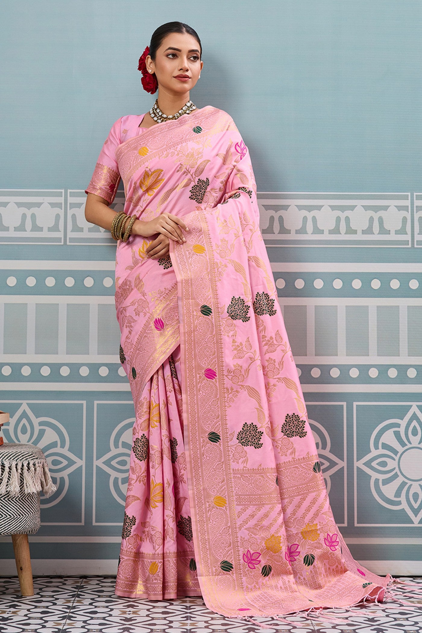 Buy MySilkLove Salmon Pink Woven Banarasi Saree Online