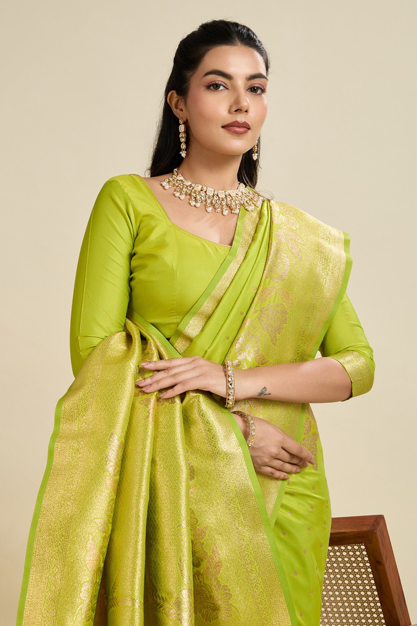 Buy MySilkLove Lawn Green Zari Woven Soft Kanjivaram Saree Online