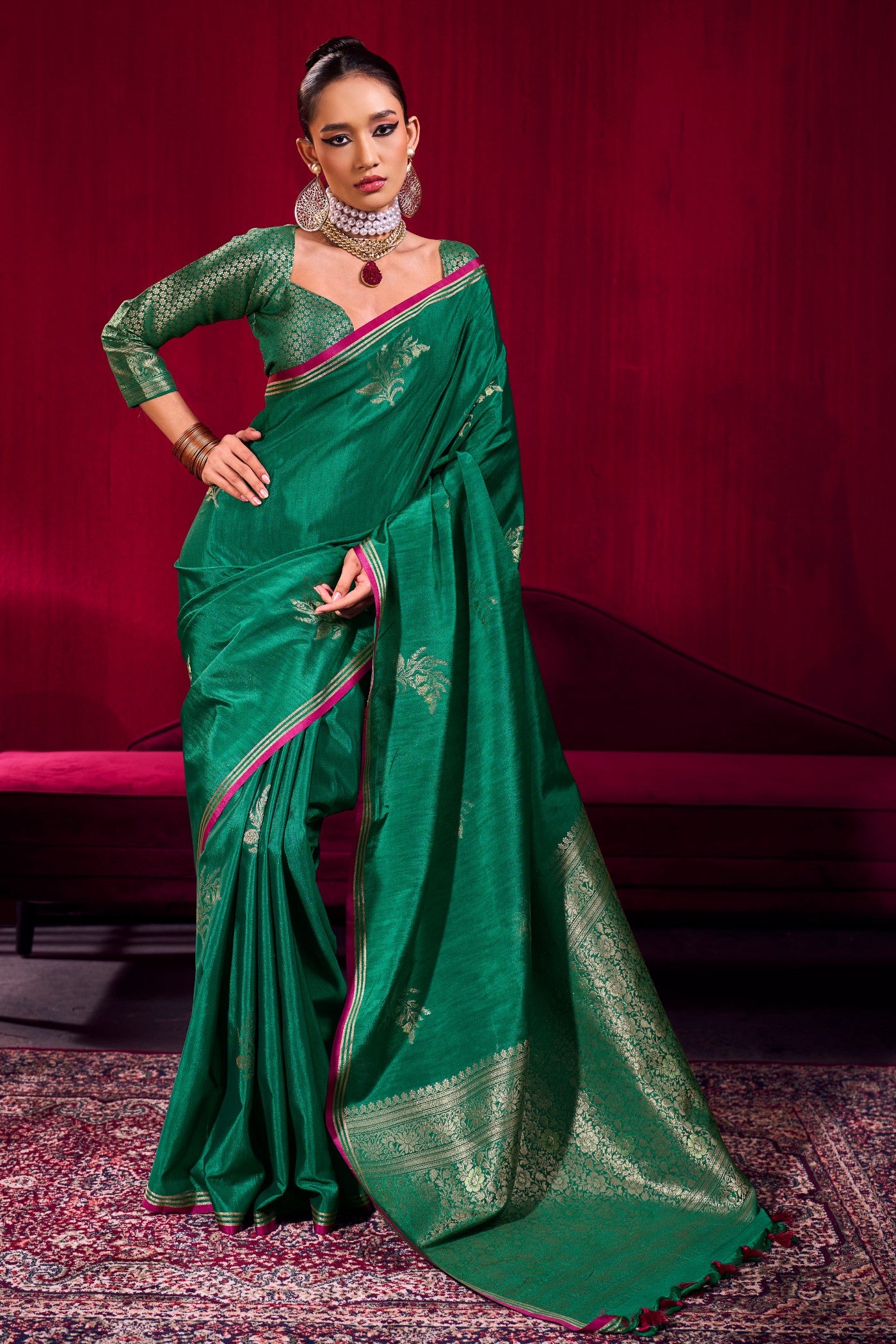 Buy MySilkLove Forest Green Handloom Satin Soft Silk Saree Online