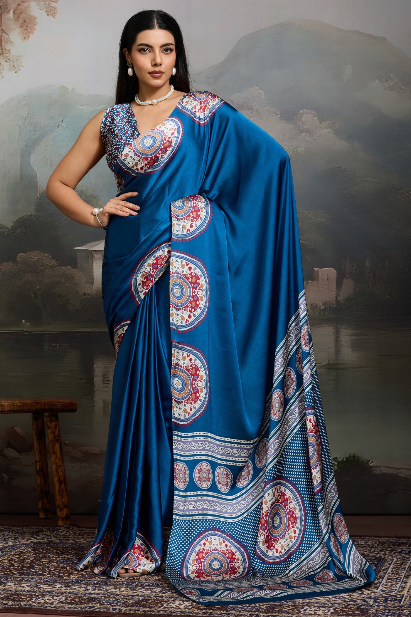 Buy MySilkLove French Blue Modal Ajrakh Printed Silk Saree Online