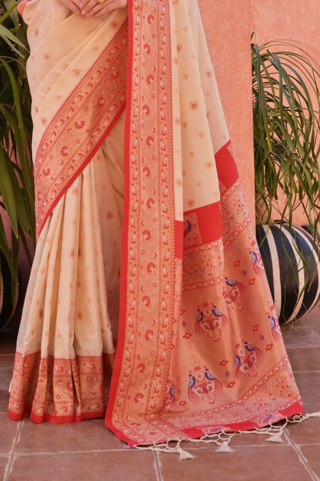 Buy MySilkLove Tuft Bush Cream and Red Zari Woven Paithani Saree Online