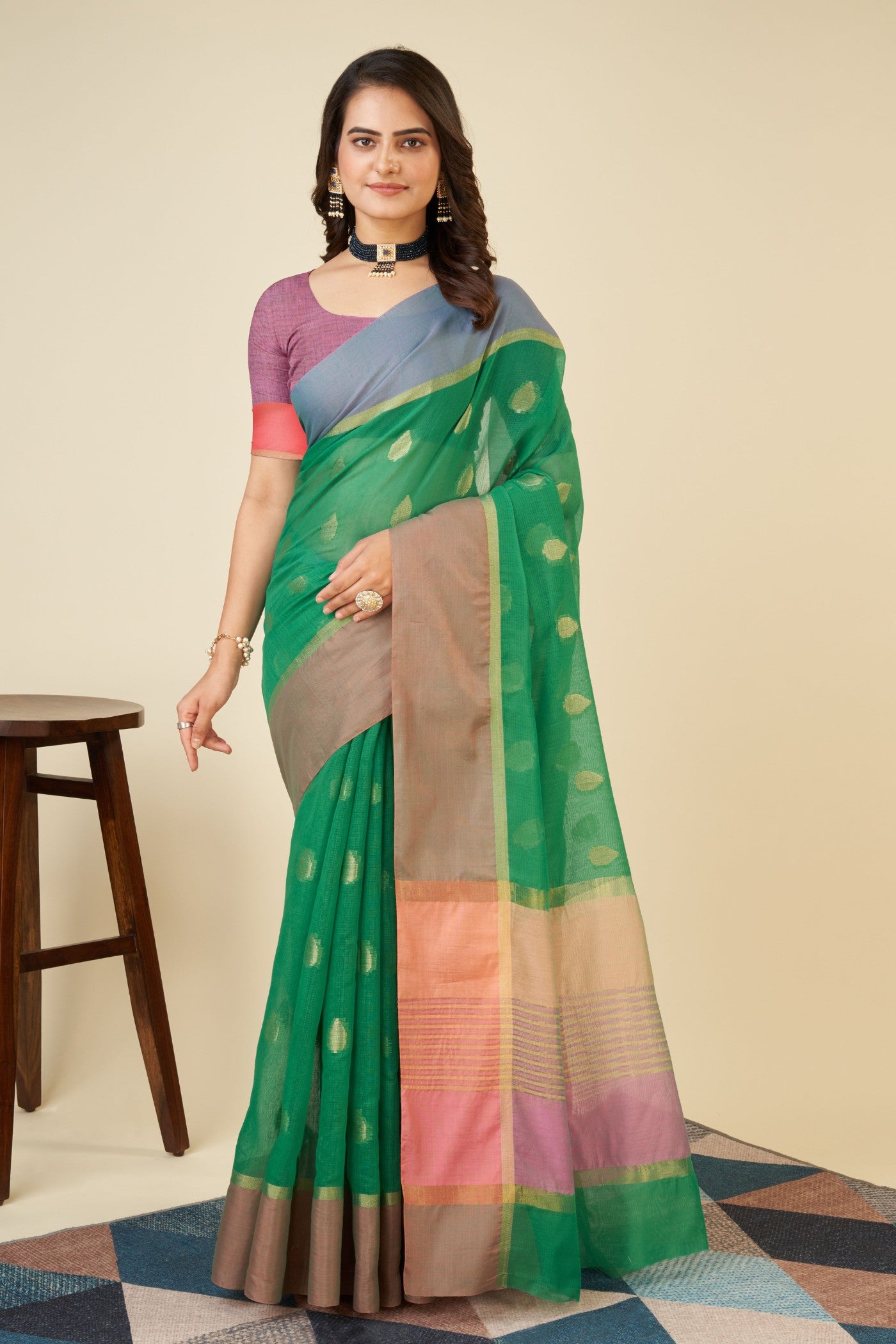 Buy MySilkLove Chartreuse Green Woven Cotton Saree Online