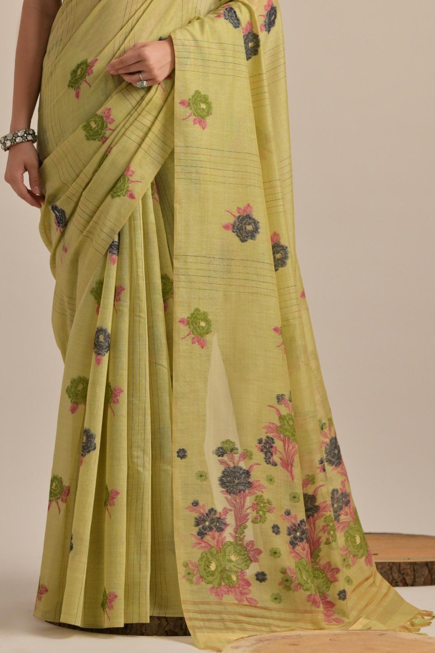 Buy MySilkLove Pea Green Floral Woven Muga Cotton Saree Online