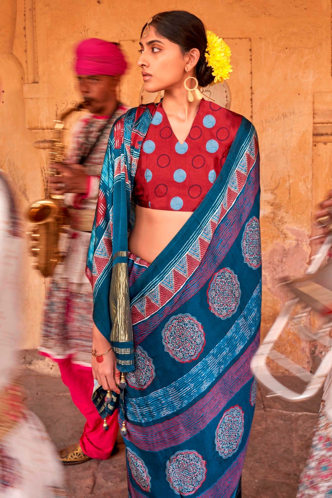 Buy MySilkLove Venice Blue Ajrakh Handprinted Satin Saree Online