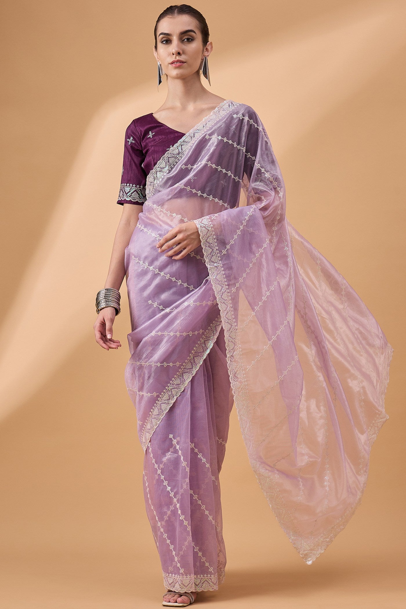 Buy MySilkLove Mountbatten Purple Organza Partywear Saree Online