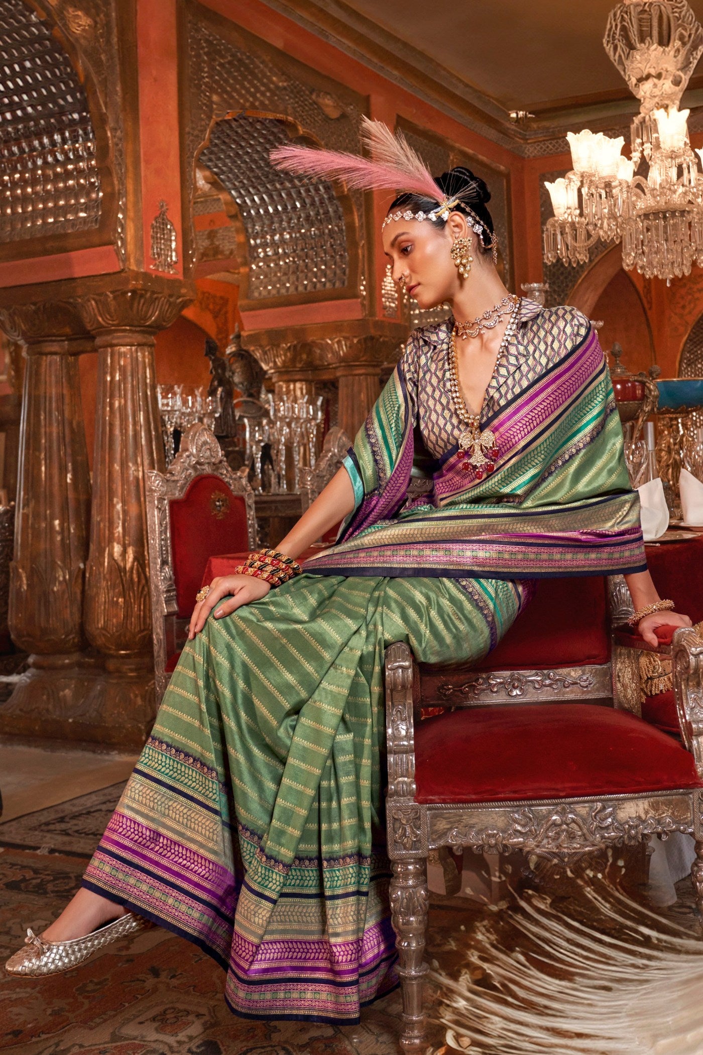 MySilkLove Pesto Green Printed Patola Saree