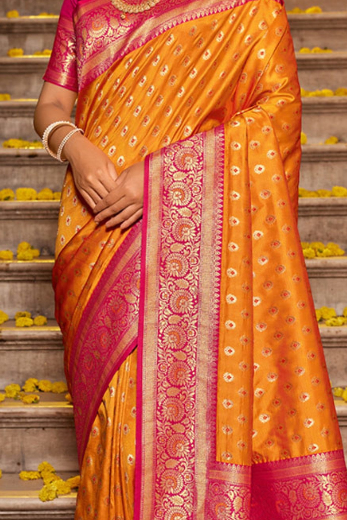 Buy MySilkLove Carrot Orange Zari Woven Banarasi Saree Online