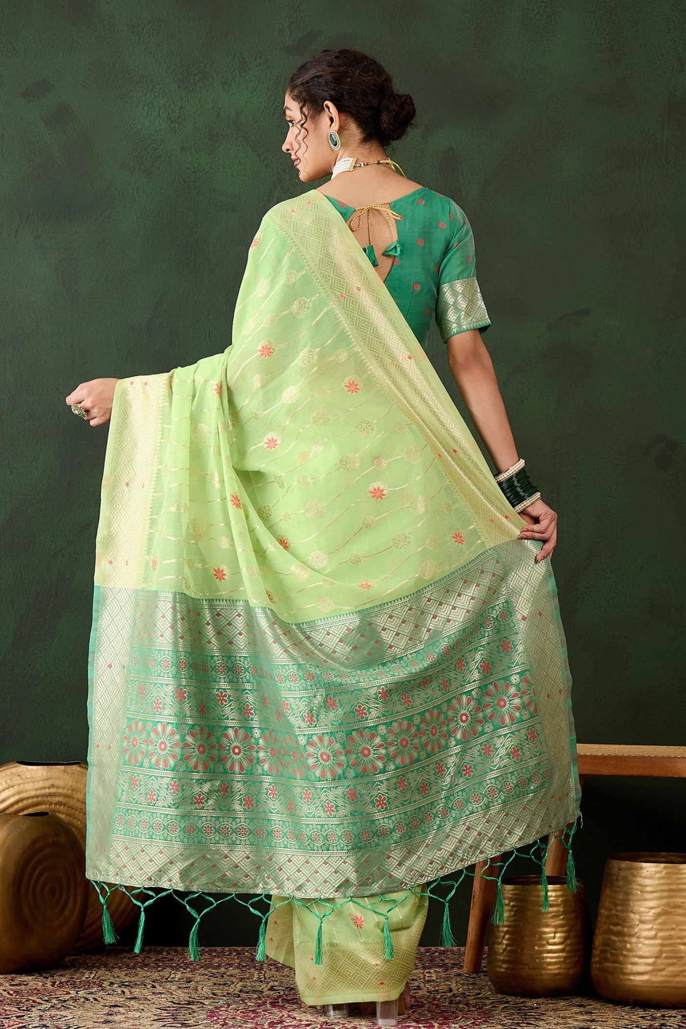 Buy MySilkLove Pistachio Green Woven Cotton Saree Online