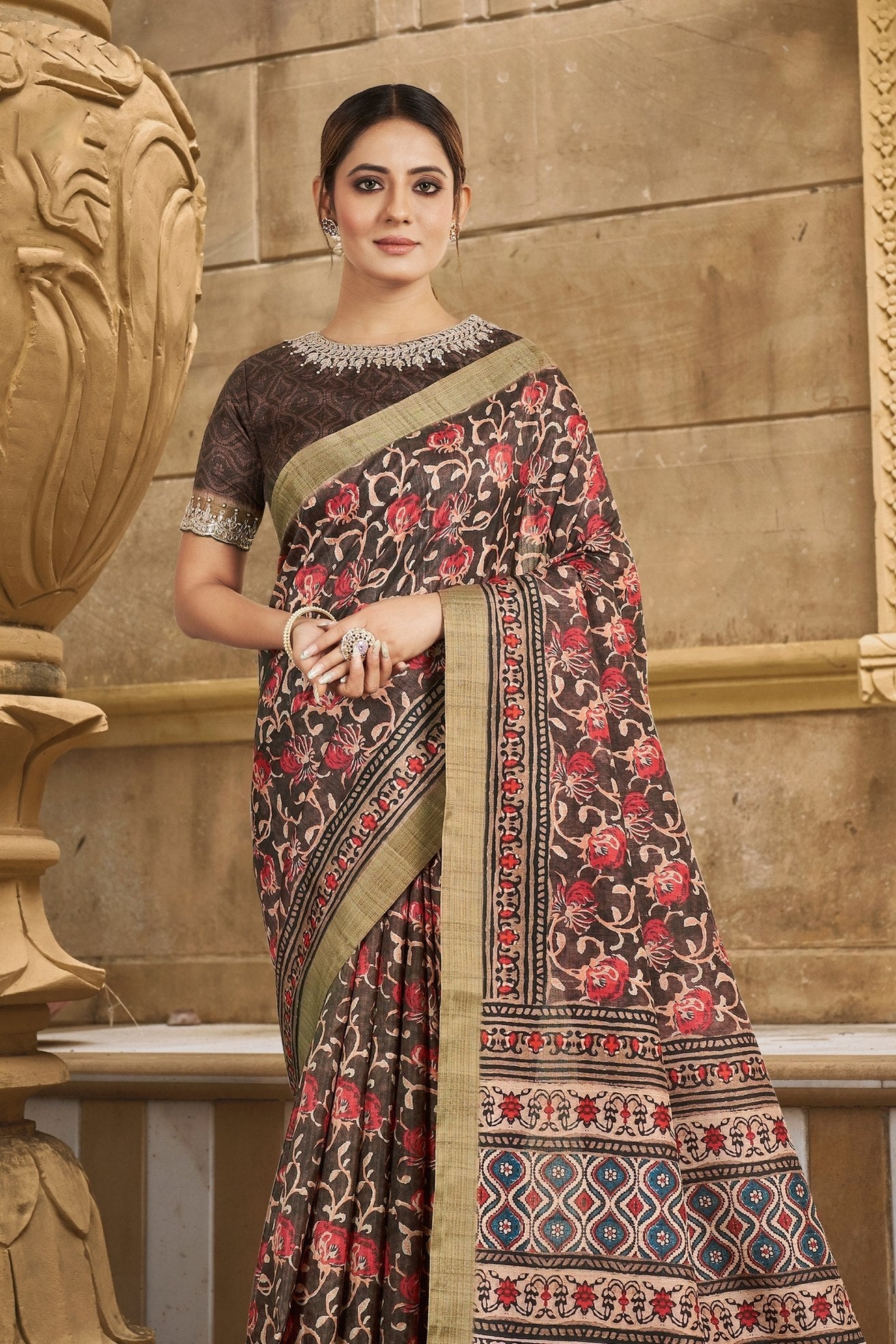 Buy MySilkLove Roman Coffee Brown Banarasi Designer Saree Online