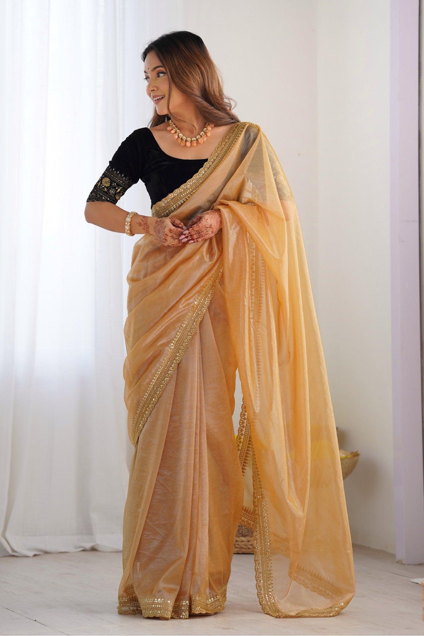 Buy MySilkLove Gold Fusion Embroidered Partywear Saree Online