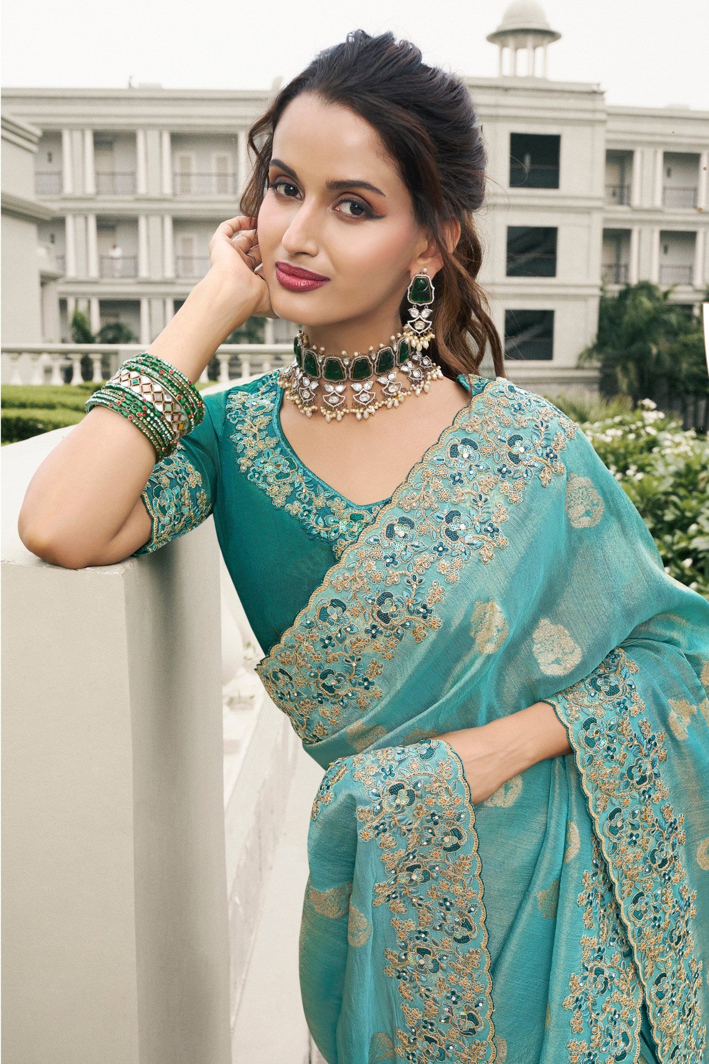 Buy MySilkLove Sky Blue Banarasi Designer Embroidered Saree Online