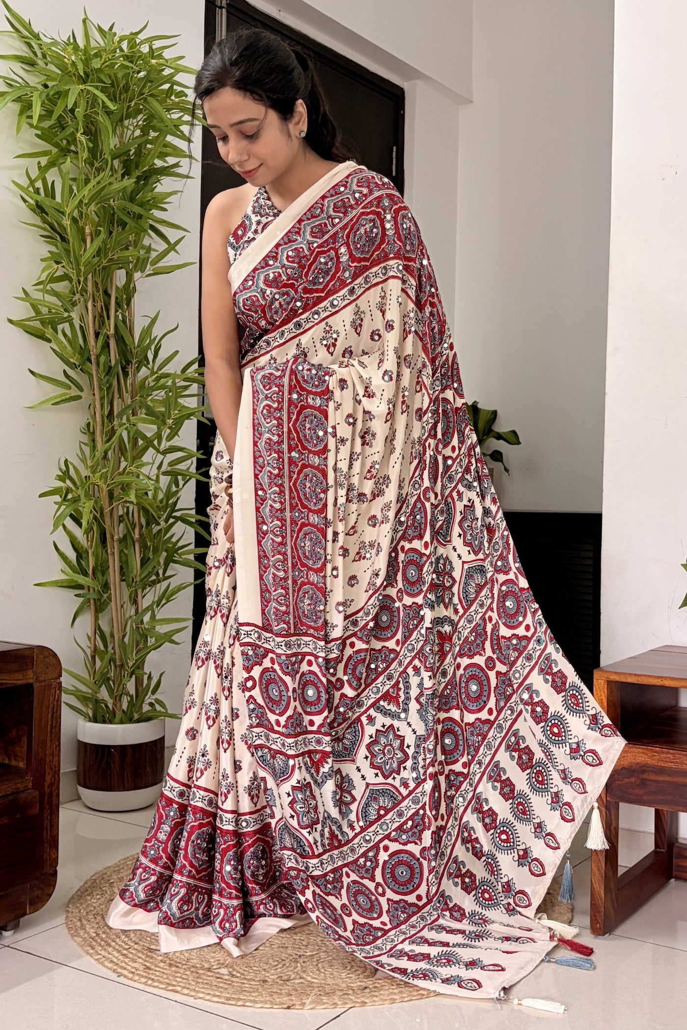 Buy MySilkLove Neutral Beige Modal Ajrakh Satin Printed Mirror Work Saree Online