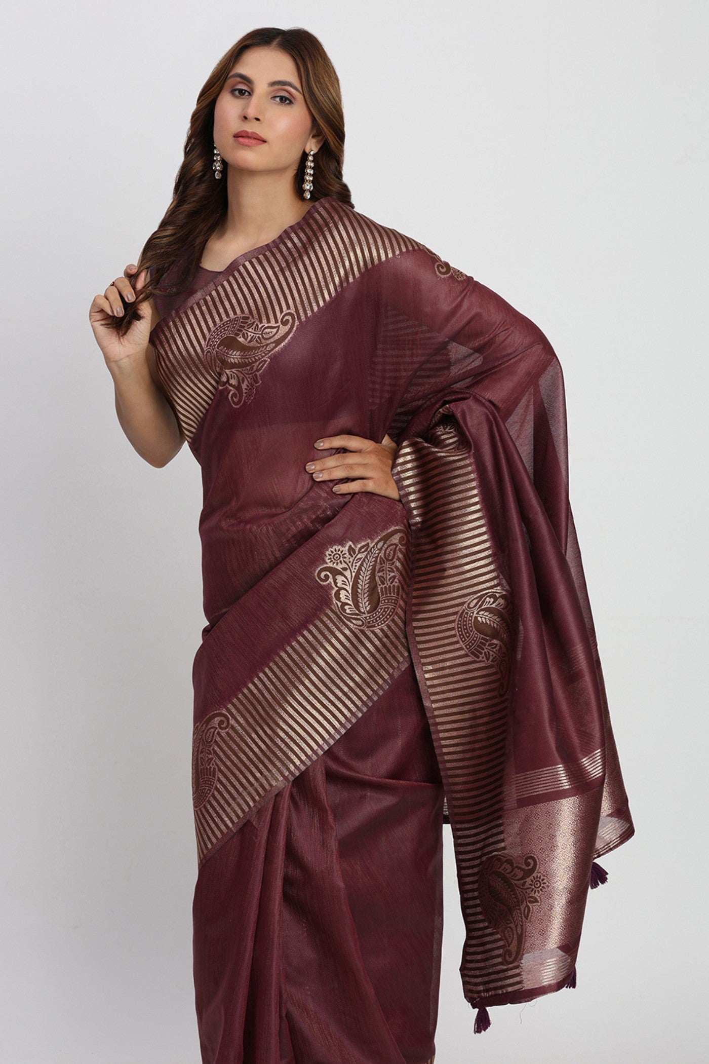 MySilkLove Pecan Brown Woven Linen Cotton Saree