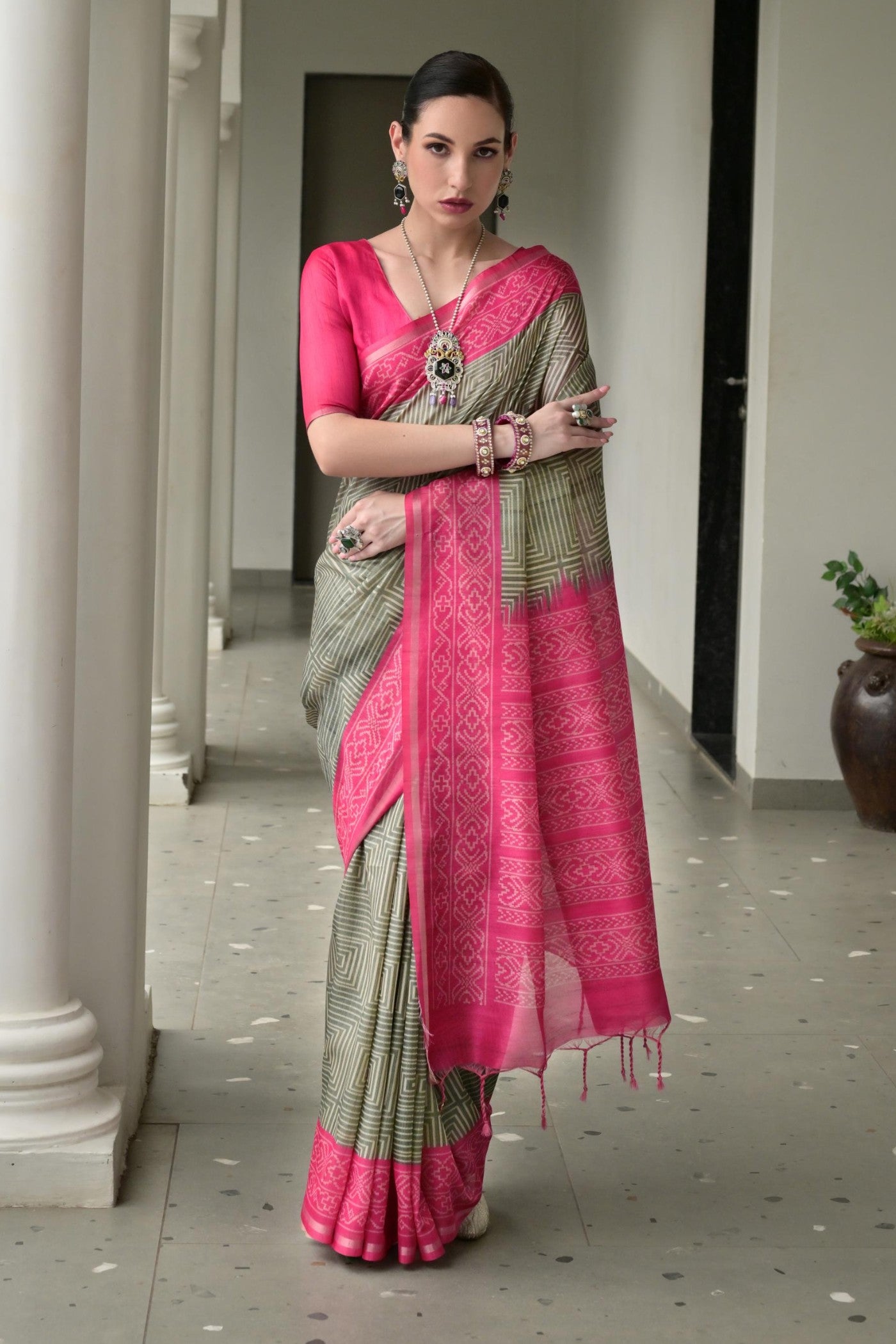 Buy MySilkLove Swamp Green and Pink Printed Tussar Silk Saree Online