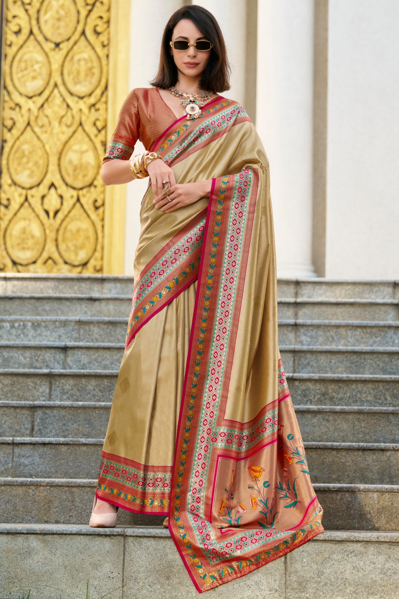 Buy MySilkLove Latte Cream Tissue Handloom Saree Online