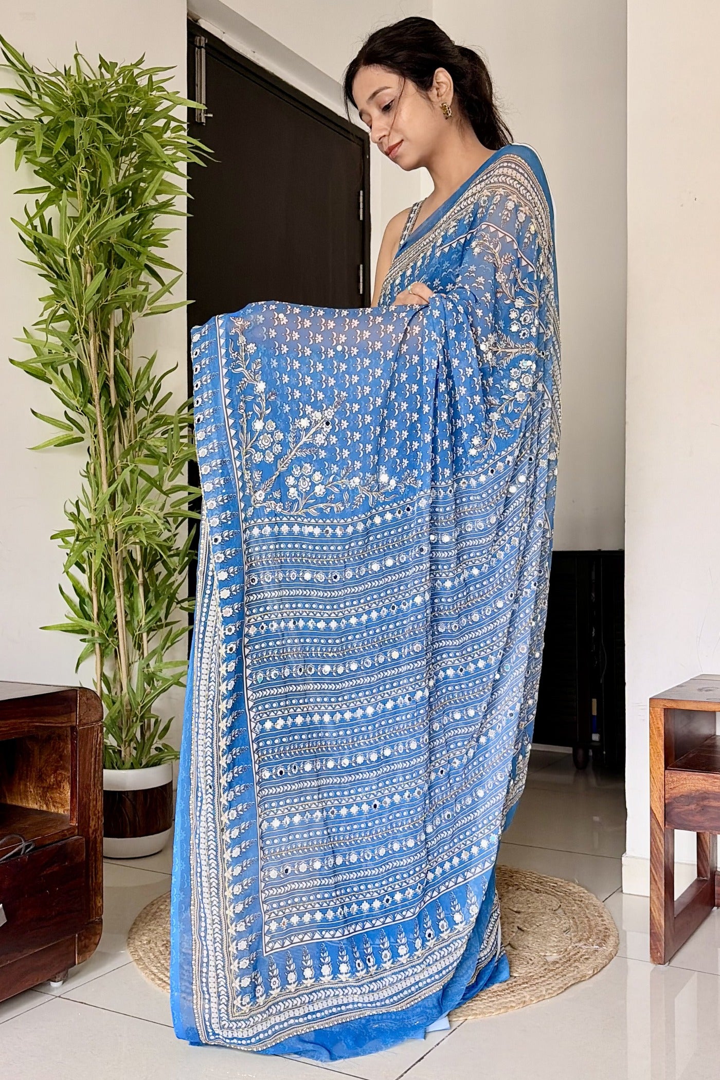 Buy MySilkLove Calypso Blue Ajrakh Georgette Printed Mirror Work Saree Online