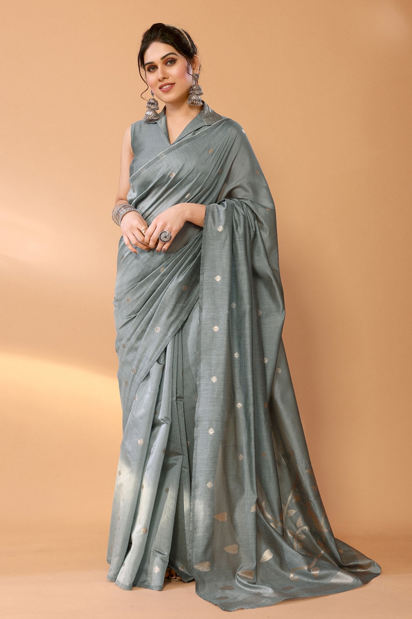 Buy MySilkLove Mantle Grey Woven Chanderi Cotton Saree Online