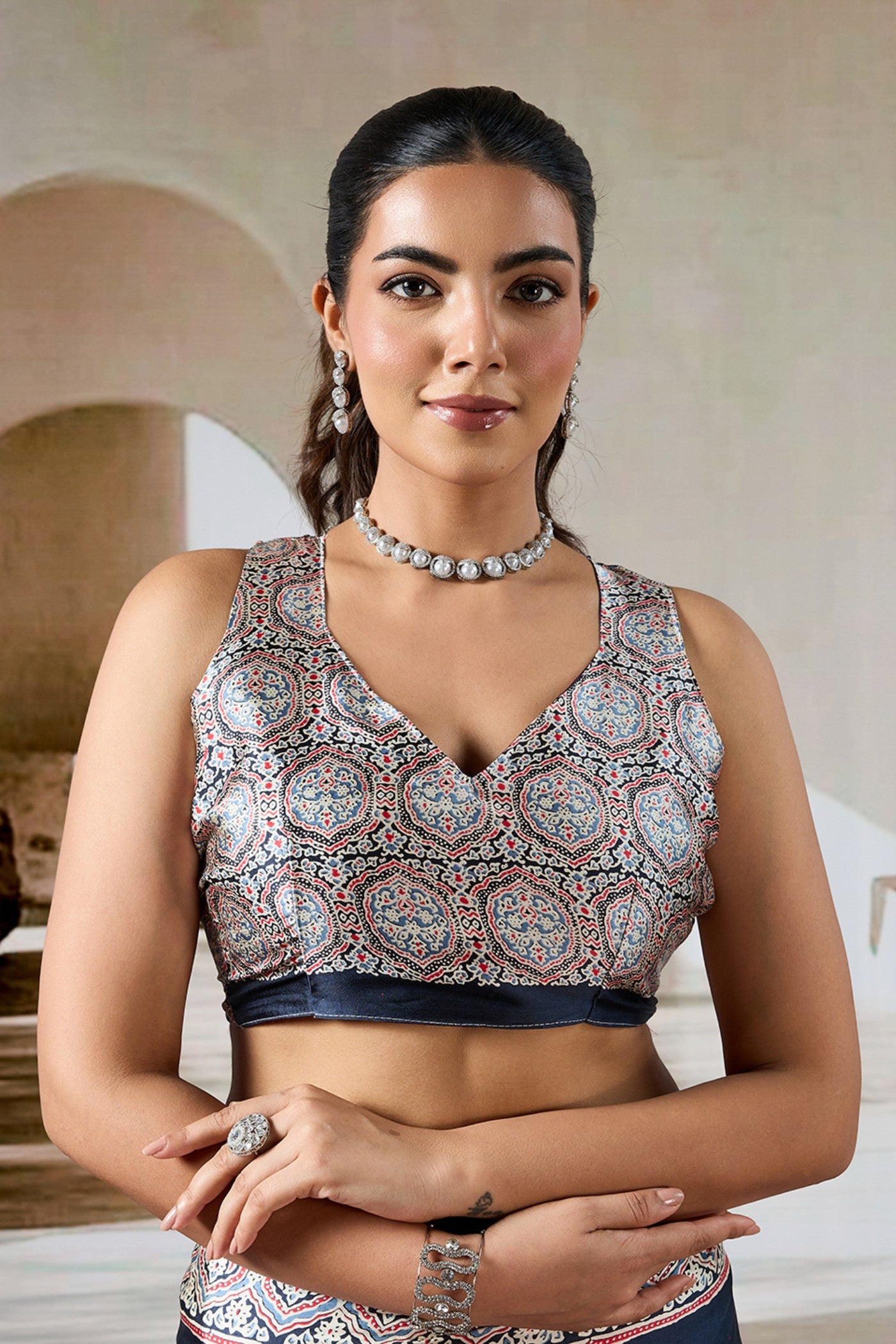 Buy MySilkLove Grease Black Ajrakh Printed Satin Crepe Silk Saree Online