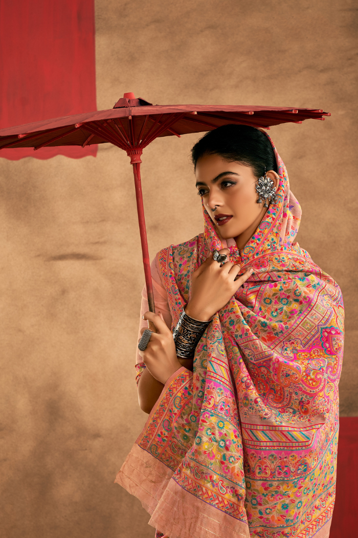 MySilkLove Coral Peach Kashmiri Handloom Jamewar Saree