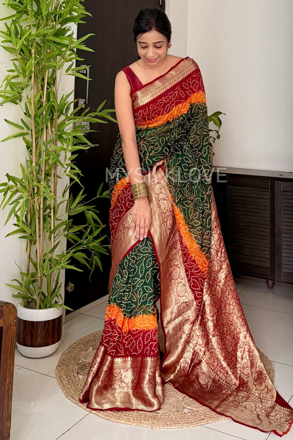 Buy MySilkLove Forest Green and Red Bandhani Zari Woven Silk Saree Online