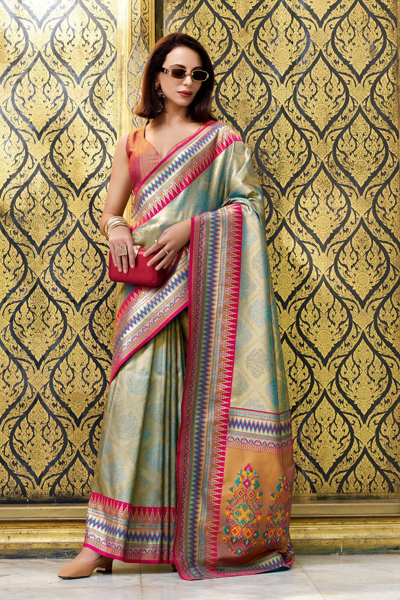 Buy MySilkLove Slimy Green Tissue Handloom Saree Online