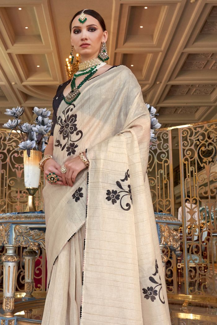 Buy MySilkLove Stark White and Black Woven Tussar Floral Silk Saree Online