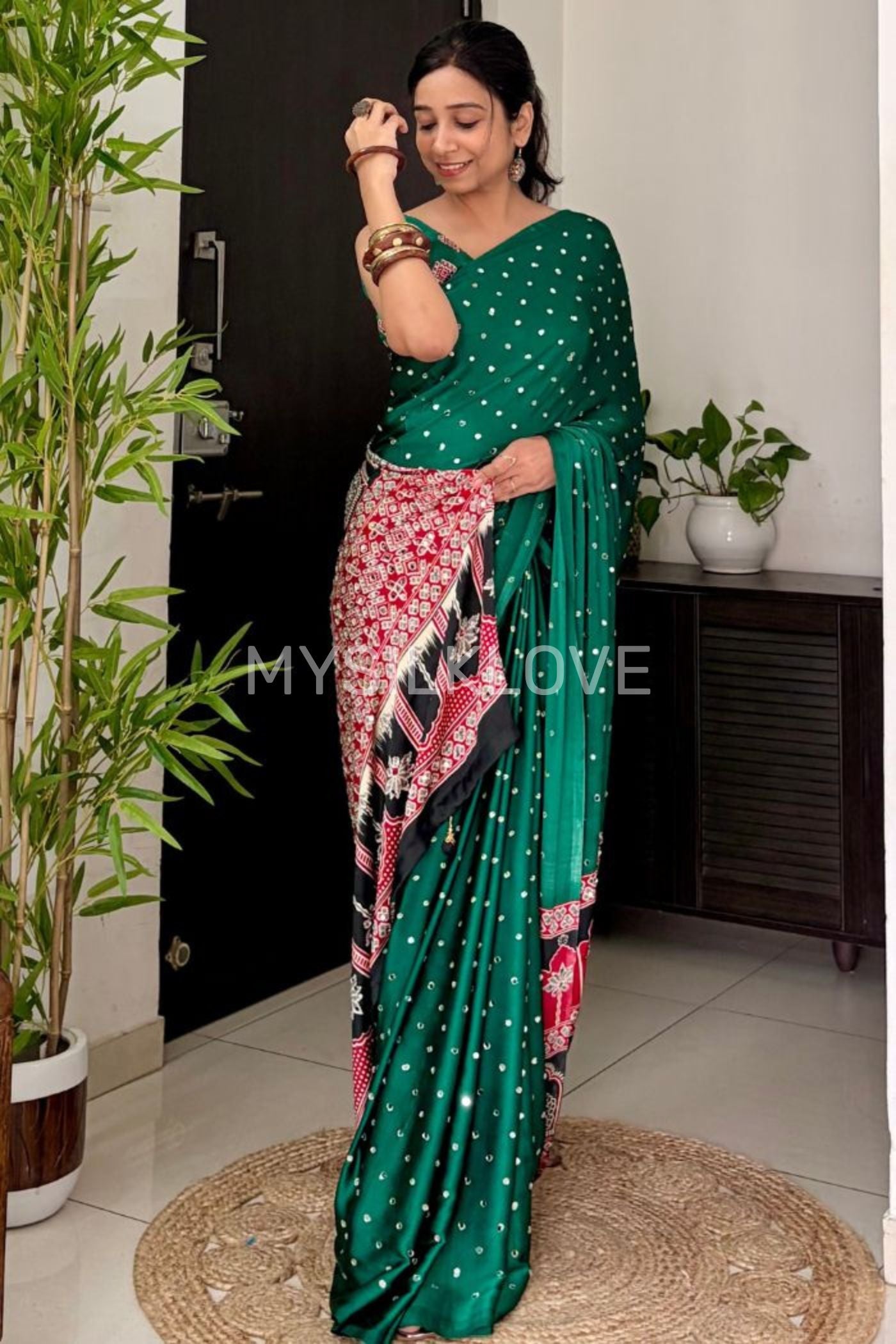 Buy MySilkLove Fire Fly Green Ajrakh Satin Printed Mirror Work Saree Online