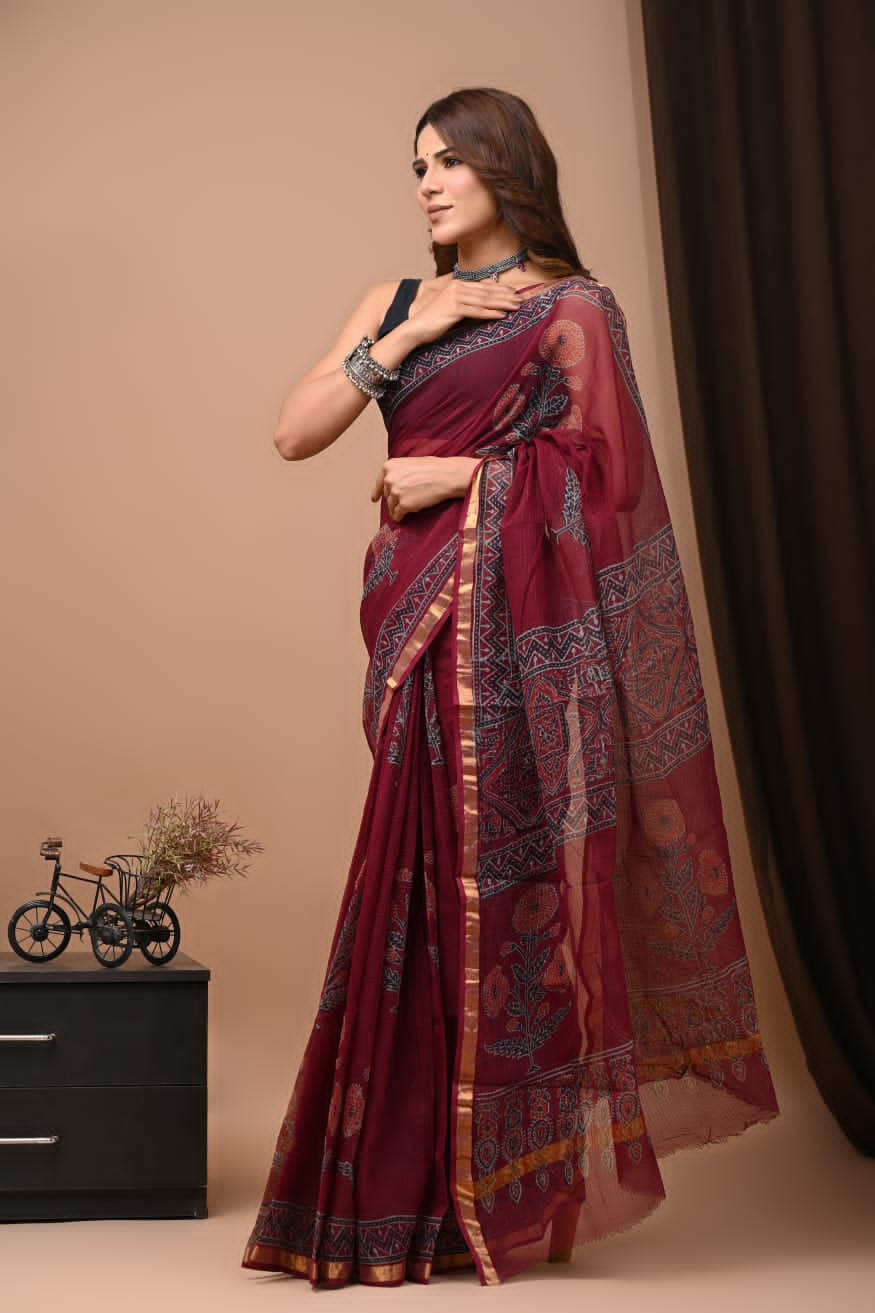 MySilkLove Claret Maroon Handblock Kota Doriya Saree