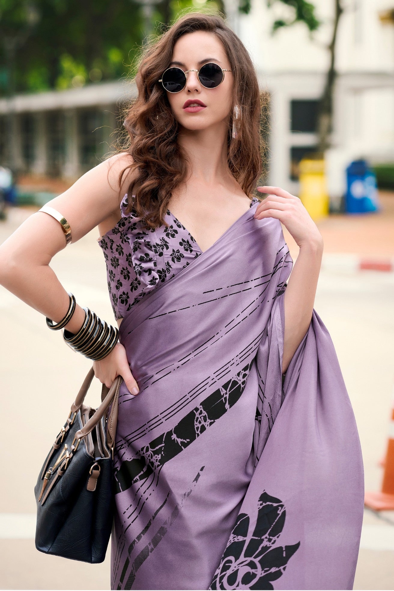 Buy MySilkLove Mauve Purple Printed Satin Crepe Saree Online