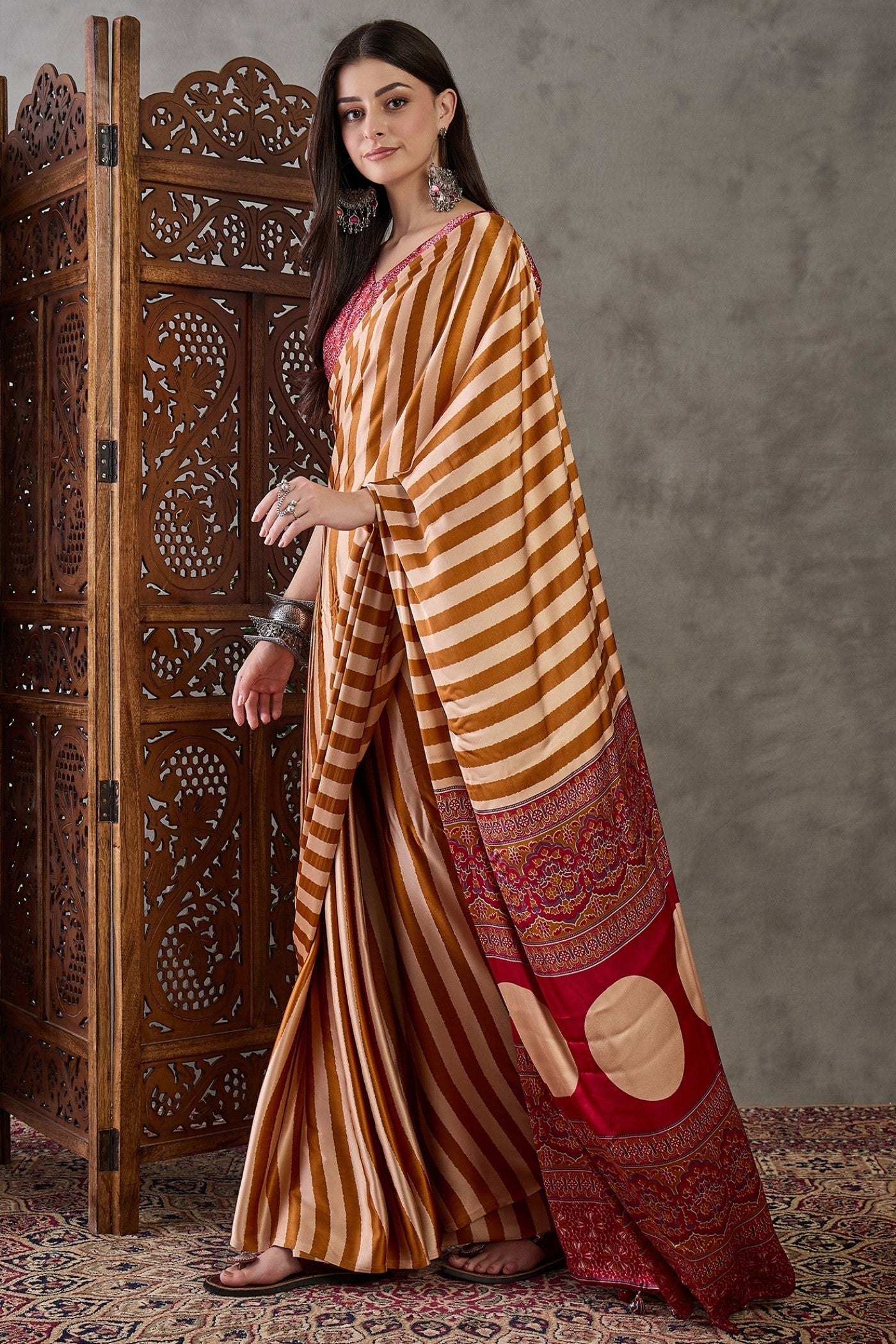 Buy MySilkLove Glossy Orange Stripe Ajrakh Printed Satin Gaji Silk Saree Online