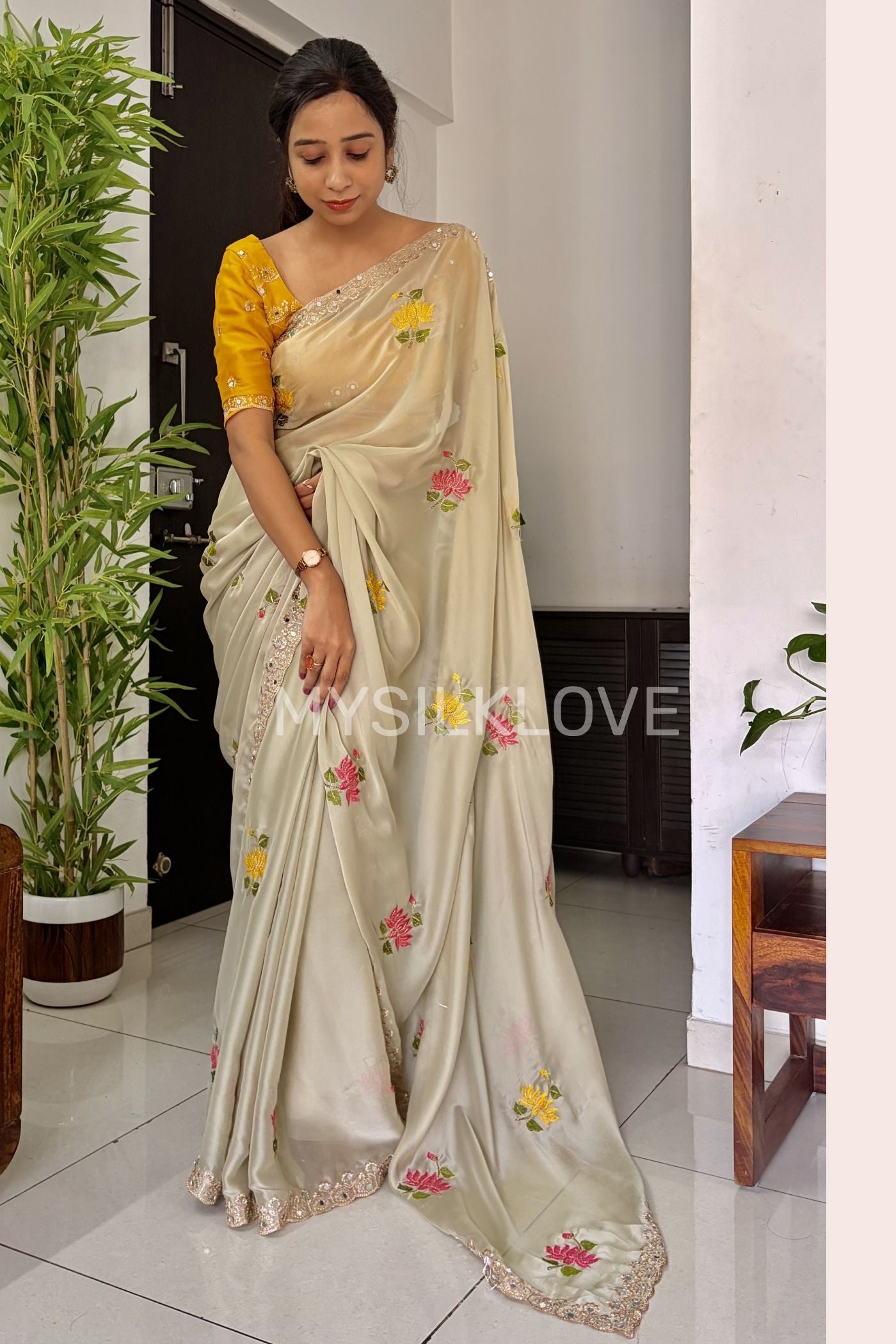 Buy MySilkLove Dutch Cream and Yellow Embroidery Chiffon Floral Saree Online