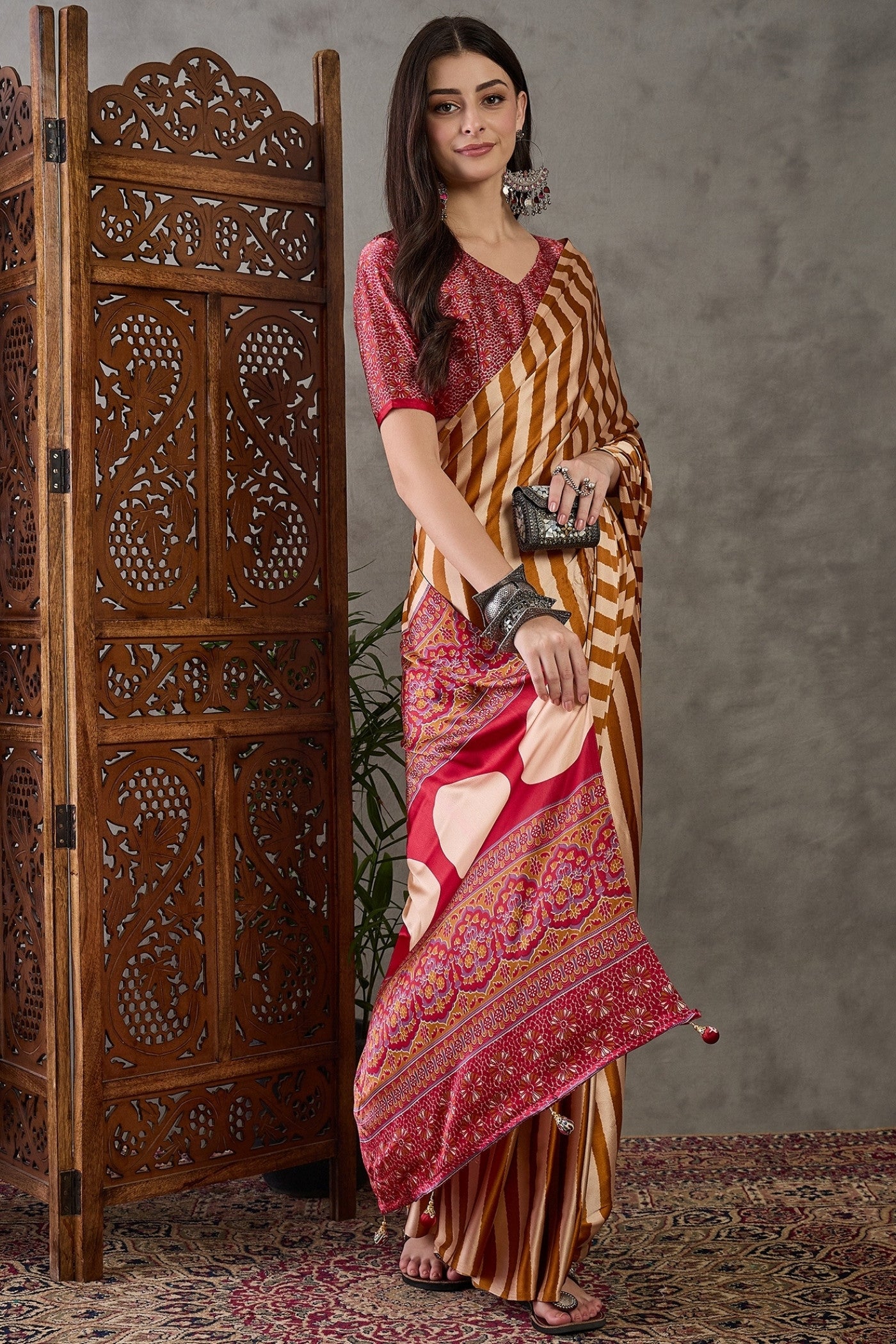 Buy MySilkLove Glossy Orange Stripe Ajrakh Printed Satin Gaji Silk Saree Online